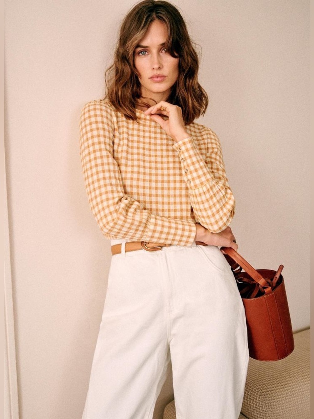 Sézane Lina Blouse in Gold/Mustard Yellow and Ecru FR 40 / US 8